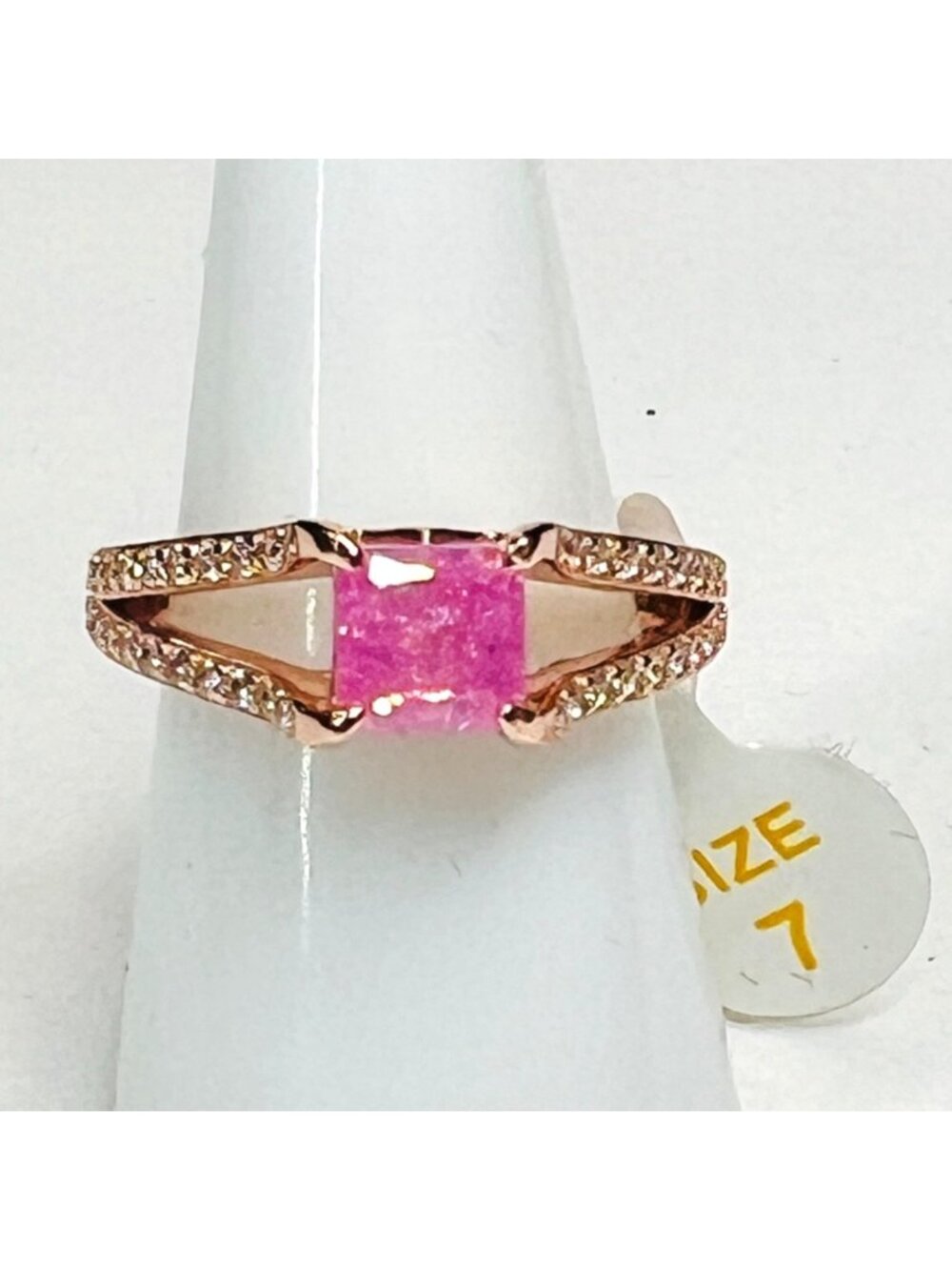 Ring Bomb Party Ring,  size 7, pink stone, rose gold color band .925 sterling si
